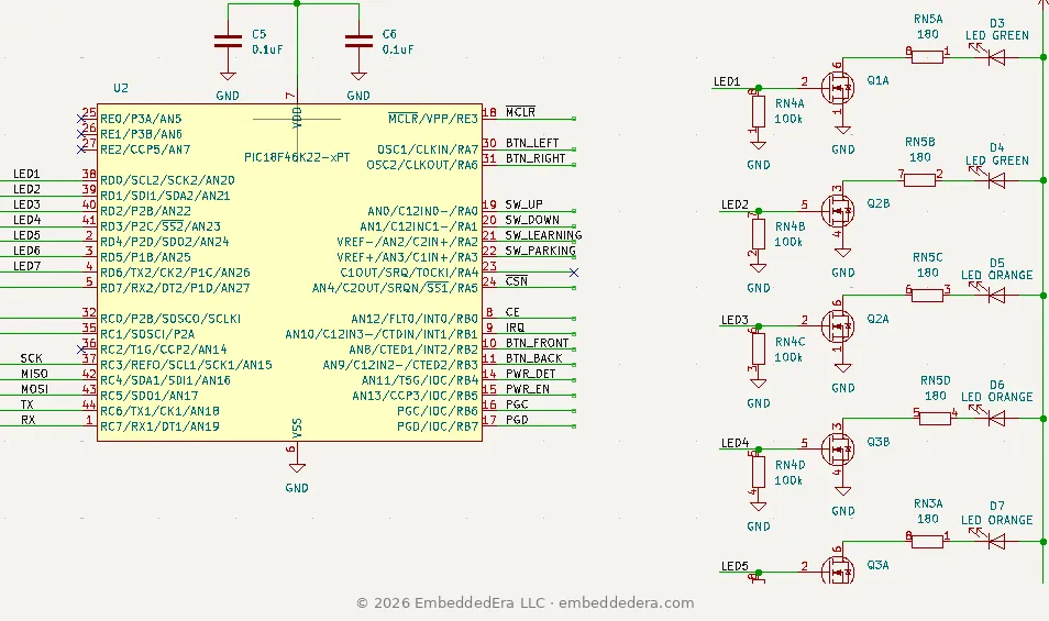 KiCad schematic of a PIC18 microcontroller with LED driver stages.