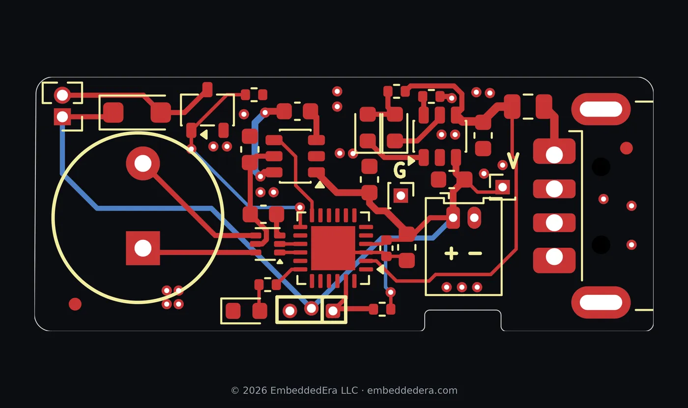Routing of our Cricket board in KiCad: top-layer traces in red, bottom-layer traces in blue, vias, pads and silkscreen outlines.