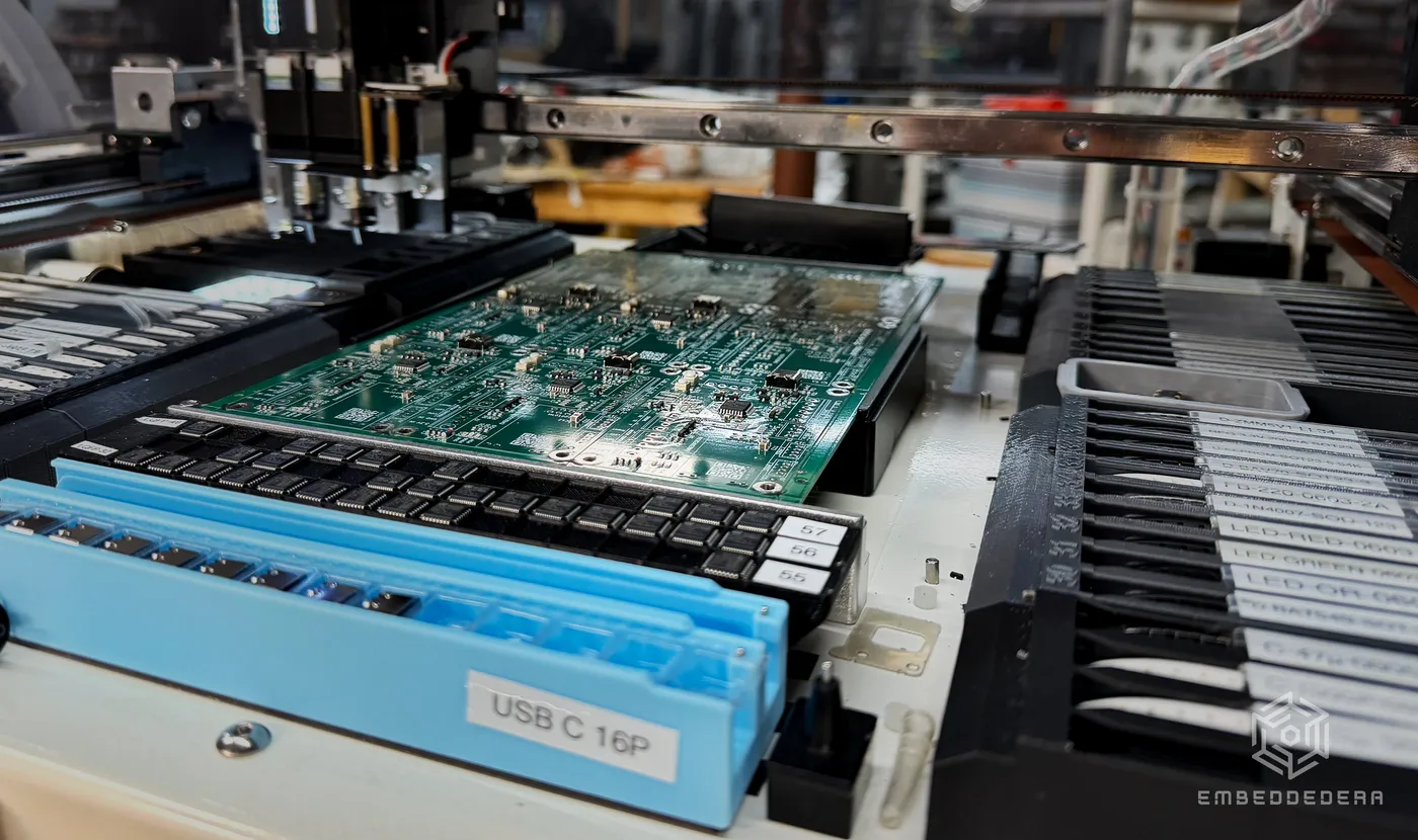 Side view of our pick-and-place machine, with a USB-C component tray and a QFP tray loaded in front of the placement head.