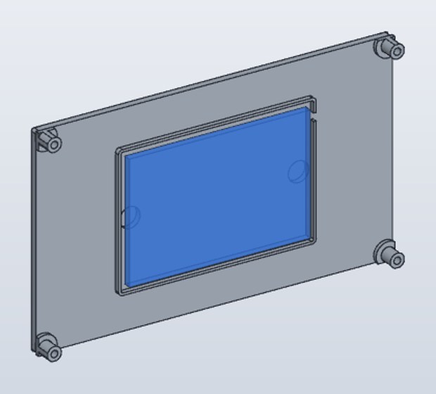 CAD render of the back cover with the battery pocket and the four screw bosses.