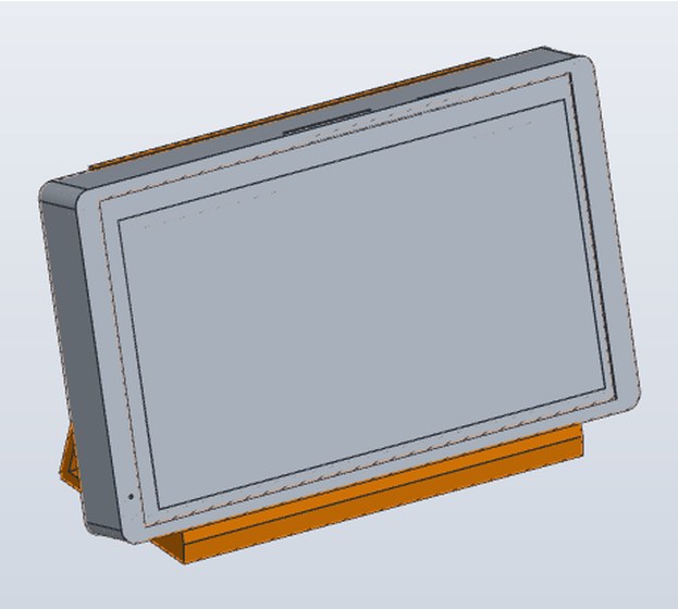 CAD render of the panel standing in the tilted nightstand stand.