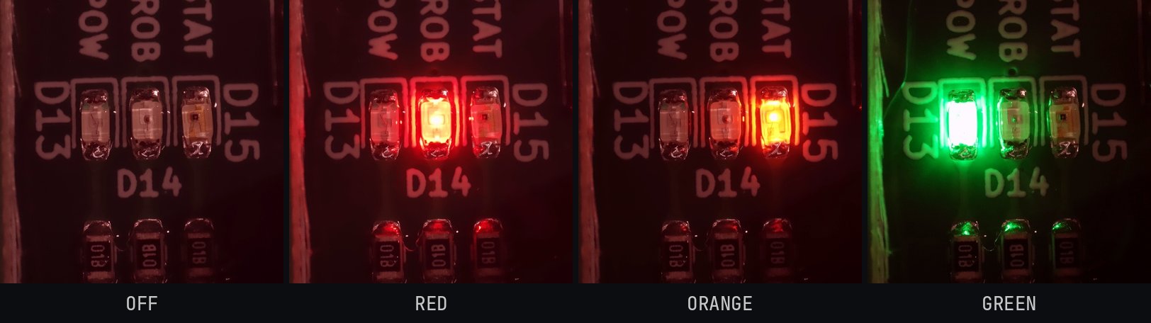 Four close-ups of the same board's three status LEDs, as captured by the test station's camera: all off, red, orange, then green.